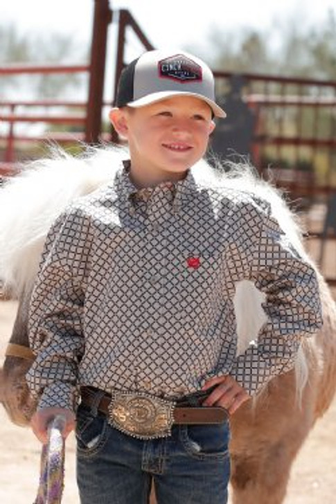 CINCH- BOY'S MEDALLION PRINT BUTTON-DOWN WESTERN SHIRT IN KHAKI