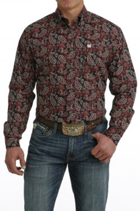 CINCH- MEN'S PAISLEY PRINT BUTTON-DOWN WESTERN SHIRT IN BLACK & RED