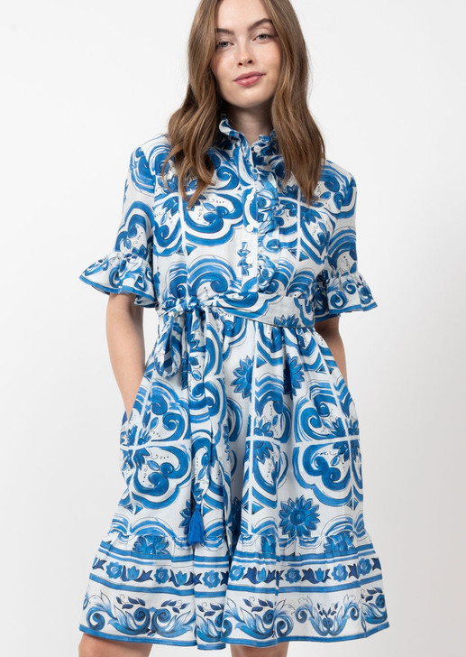 IVY JANE- WOMEN'S TILE PATTERN DRESS IN BLUE