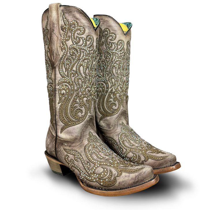 CORRAL - WOMEN'S CAMEL OVERLAY EMBROIDERY AND CRYSTALS SNIP TOE BOOTS