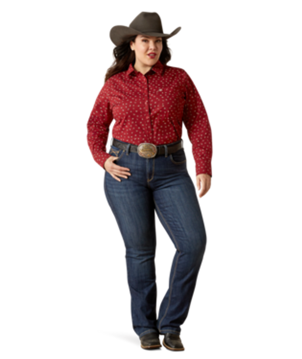 ARIAT- WOMEN'S KIRBY STRETCH SHIRT IN RED CATTLE BRAND PRINT