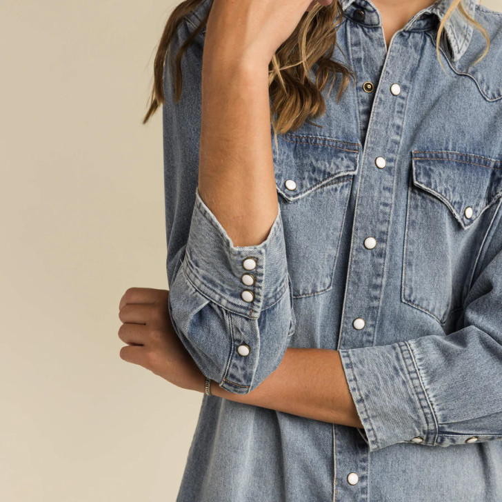 SENDERO PROVISIONS CO.- WOMEN'S ANNIE PEARL SNAP SHIRTDRESS IN BLUE DENIM