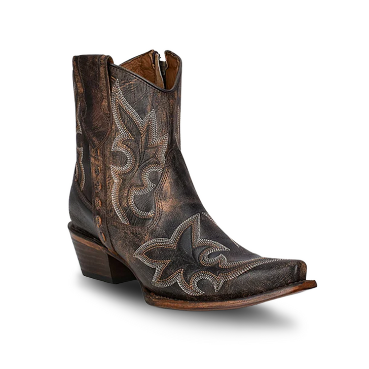 CORRAL - WOMEN'S BLACK AND BROWN EMBROIDERY AND ZIPPER ANKLE BOOTS