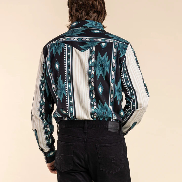 SENDERO PROVISIONS CO.- MEN'S SERAPE PEARL SNAP SHIRT IN BLUE OASIS SOUTHWEST STRIPE