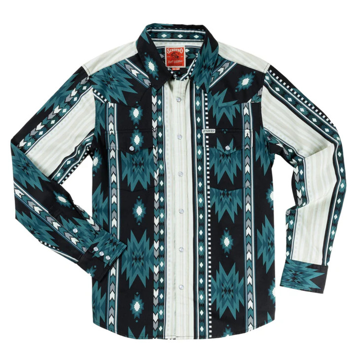 SENDERO PROVISIONS CO.- MEN'S SERAPE PEARL SNAP SHIRT IN BLUE OASIS SOUTHWEST STRIPE