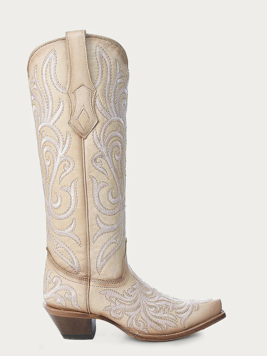 CORRAL -  WOMEN'S WHITE EMBROIDERY STRAW TALL TOP SNIP TOE COWBOY BOOT