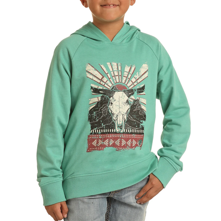 ROCK & ROLL - YOUTH BOY'S TURQUOISE BULL SKULL HOODIE