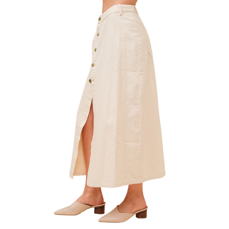 BLUE B - WOMEN'S BUTTON MIDI DENIM SKIRT IN IVORY
