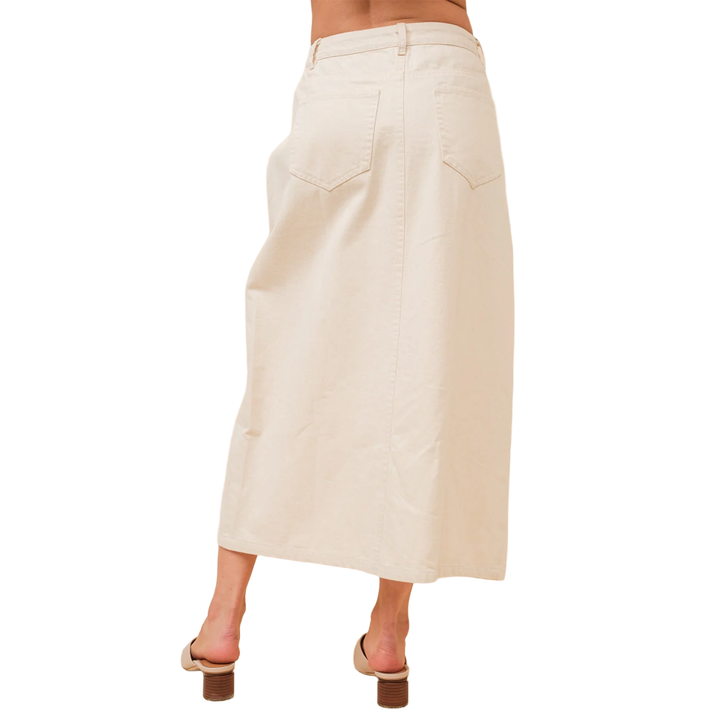 BLUE B - WOMEN'S BUTTON MIDI DENIM SKIRT IN IVORY