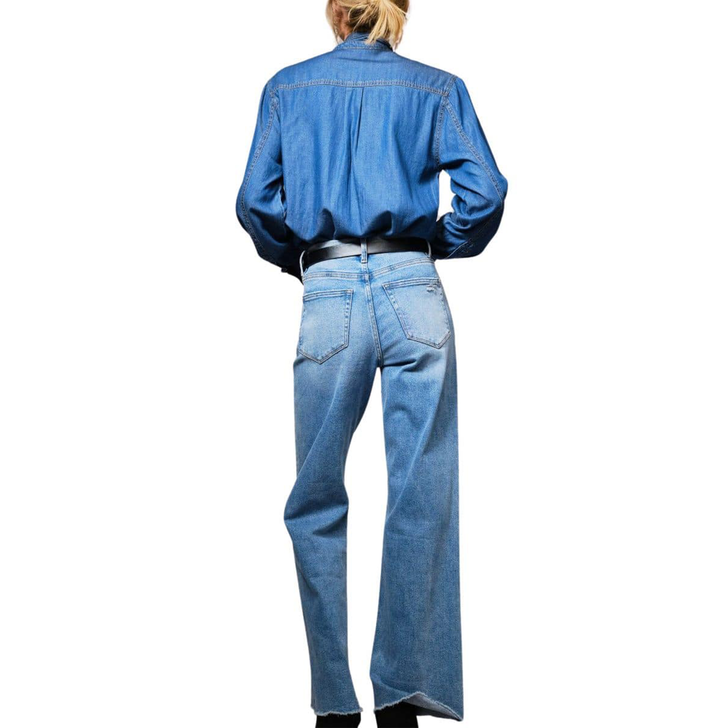 BLUE B - WOMEN'S DENIM TIE NECK BUTTON DOWN LONG SLEEVE SHIRT IN DARK WASH