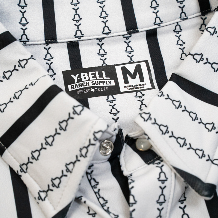 Y-BELL RANCH SUPPLY - STRIPED Y-BELL LOGO SHORT SLEEVE POLO SHIRT IN WHITE