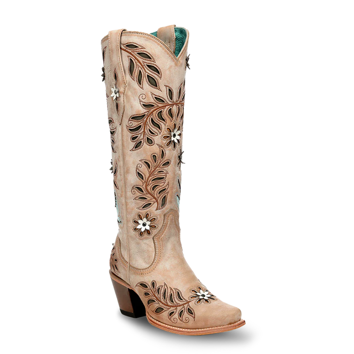 CORRAL - WOMEN'S STRAW LASER FLOWERS AND BIRDS INLAY AND CRYSTALS TALL TOP SNIP TOE COWBOY BOOT