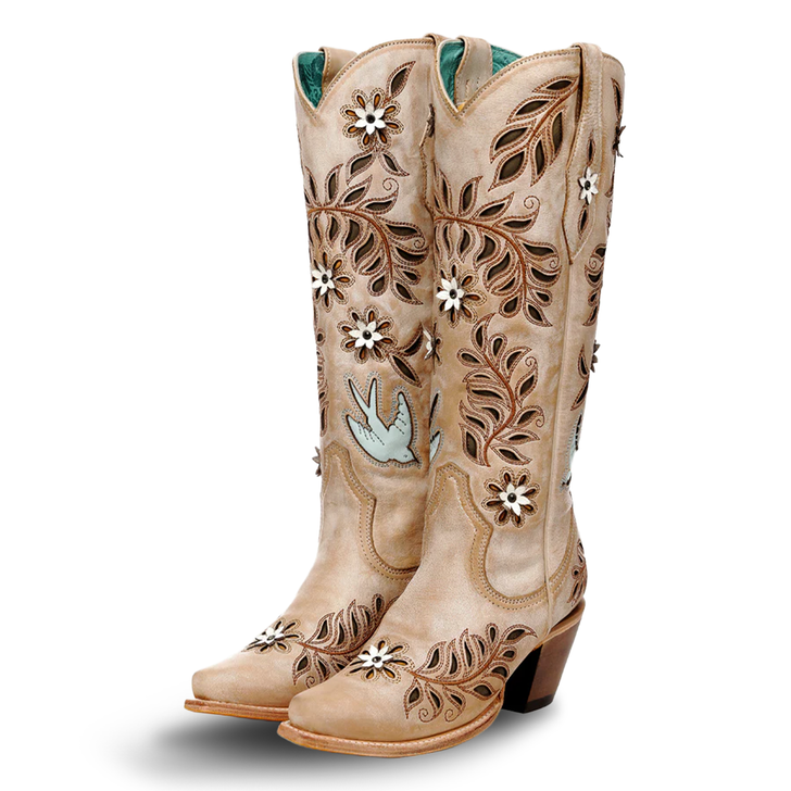 CORRAL - WOMEN'S STRAW LASER FLOWERS AND BIRDS INLAY AND CRYSTALS TALL TOP SNIP TOE COWBOY BOOT