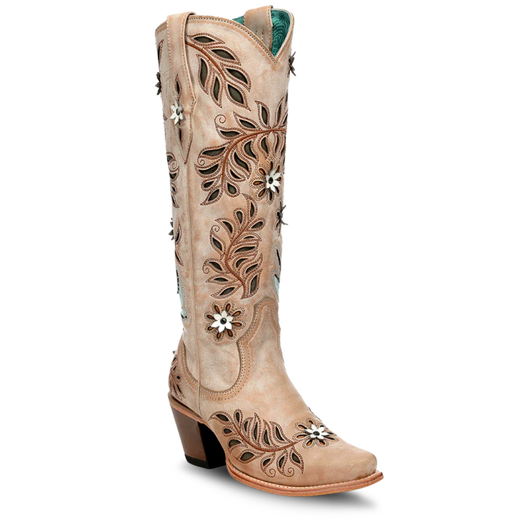 CORRAL - WOMEN'S STRAW LASER FLOWERS AND BIRDS INLAY AND CRYSTALS TALL TOP SNIP TOE COWBOY BOOT