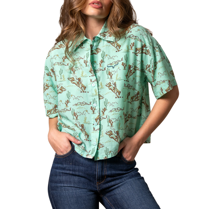KIMES RANCH - WOMEN'S RANCHERO CROP SHIRT IN TURQUOISE