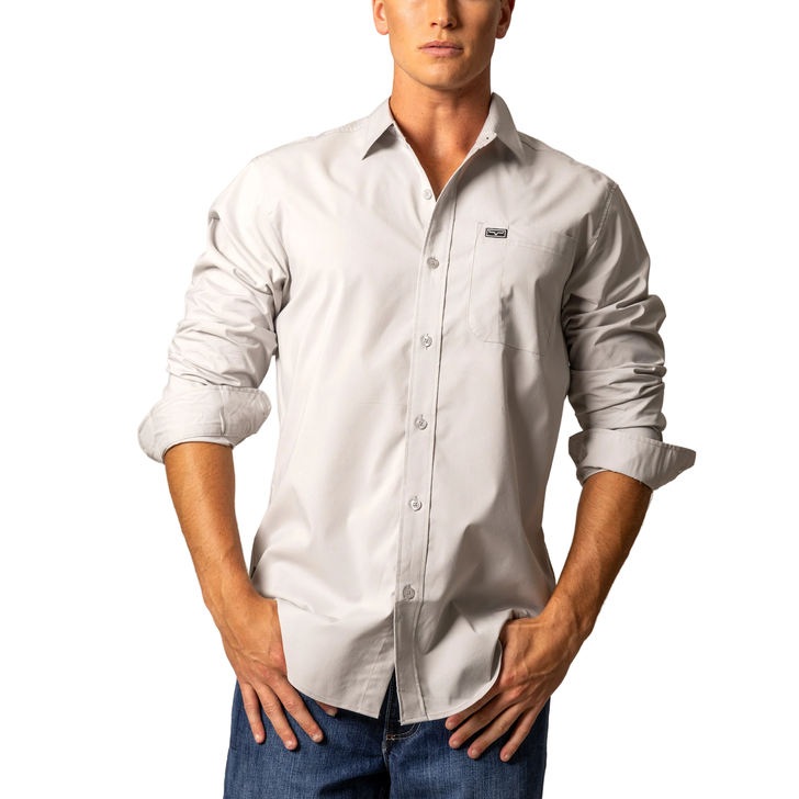 KIMES RANCH - MEN'S LINVILLE LONG SLEEVE DRESS SHIRT IN SILVER WHITE