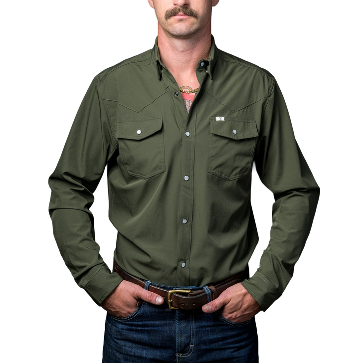 FERRELL - MEN'S CORE LONG SLEEVE SNAP SHIRT IN OLIVE GREEN