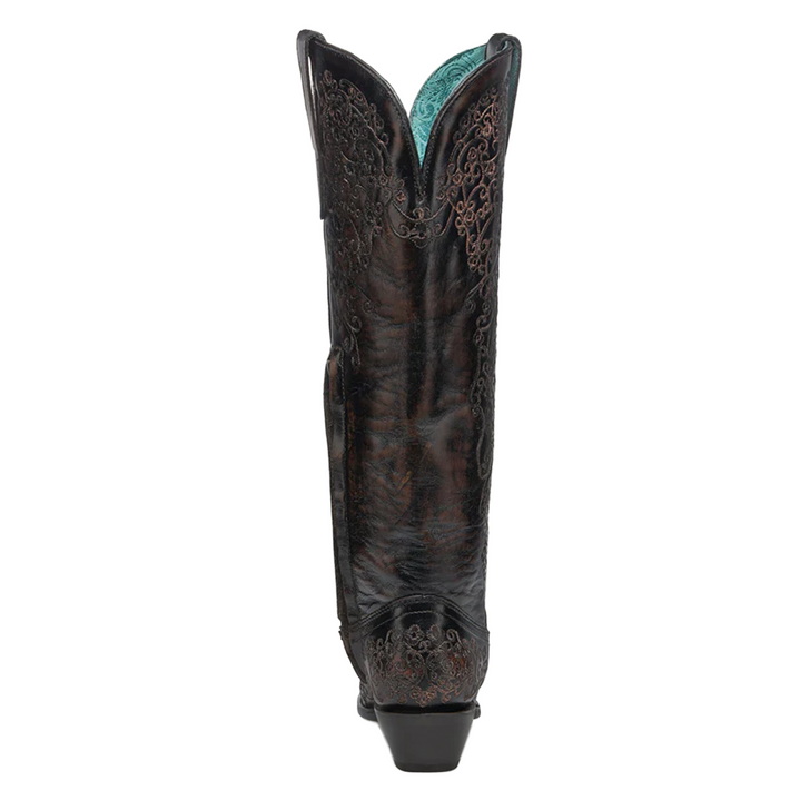 CORRAL - WOMEN'S FLORAL EMBROIDERY BLACK AND HONEY SNIP TOE TALL TOP COWBOY BOOTS