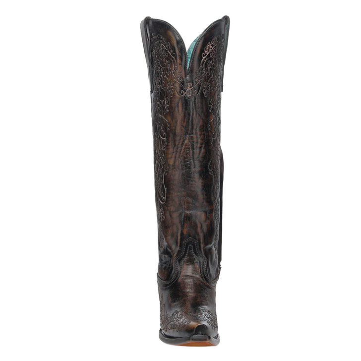 CORRAL - WOMEN'S FLORAL EMBROIDERY BLACK AND HONEY SNIP TOE TALL TOP COWBOY BOOTS