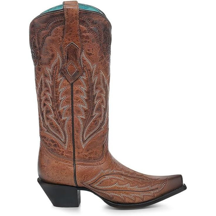 CORRAL - WOMEN'S COGNAC BROWN EMBROIDERY LEATHER SNIP TOE BOOTS