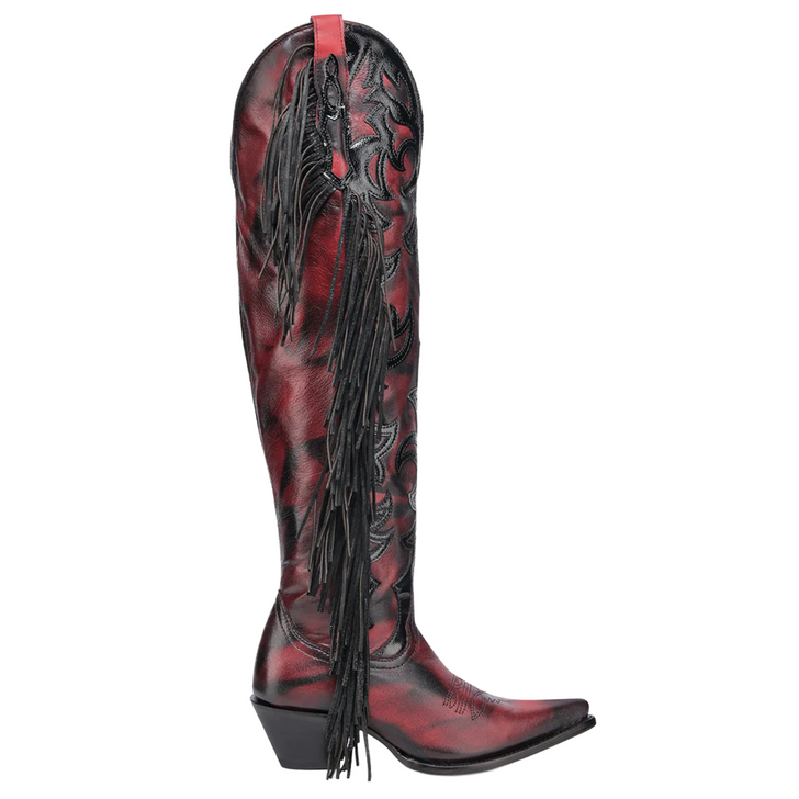 CORRAL - WOMEN'S RED EMBROIDERY AND OVERLAY WITH FRINGE TALL TOP POINTED LAMB COWBOY BOOTS