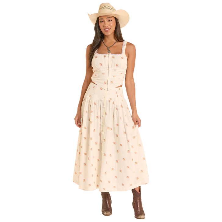 ROCK & ROLL - WOMEN'S FLORAL PRINT BUTTON MAXI SKIRT IN NATURAL