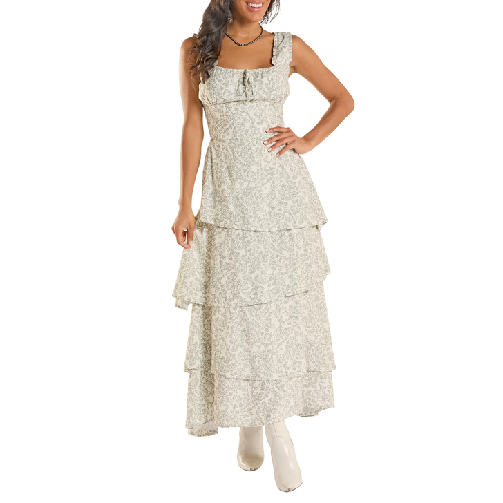 ROCK & ROLL - WOMEN'S JADE FLORAL RUFFLE TIERED MAXI DRESS IN BLUE