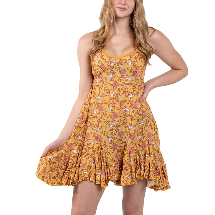 ROCK & ROLL - WOMEN'S FLORAL GODET MINI DRESS IN GOLD