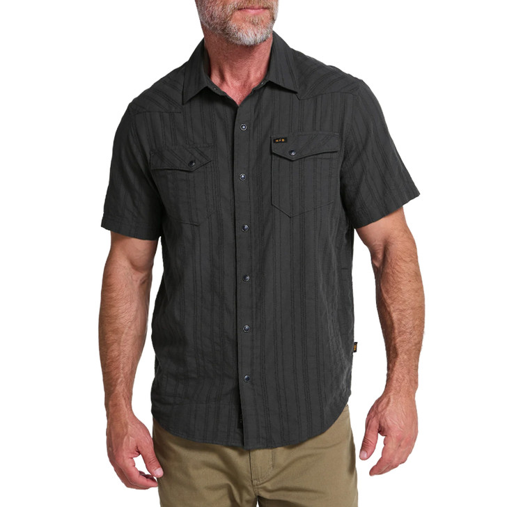 HOWLER BROTHERS - MEN'S H BAR B SHORTSLEEVE SNAPSHIRT IN EYELET STRIPE ANTIQUE BLACK