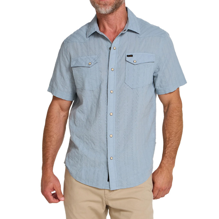 HOWLER BROTHERS - MEN'S H BAR B SHORTSLEEVE SNAPSHIRT IN EYELET STRIPE SKY BLUE