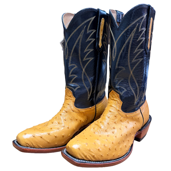 FENOGLIO - MEN'S YELLOW FULL QUILL OSTRICH BOOTS IN BLACK