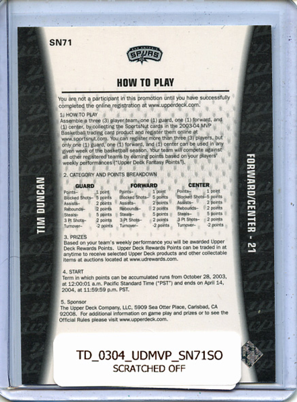 Tim Duncan 2003-04 MVP, Sportsnut Fantasy #SN71 Scratched Off Code