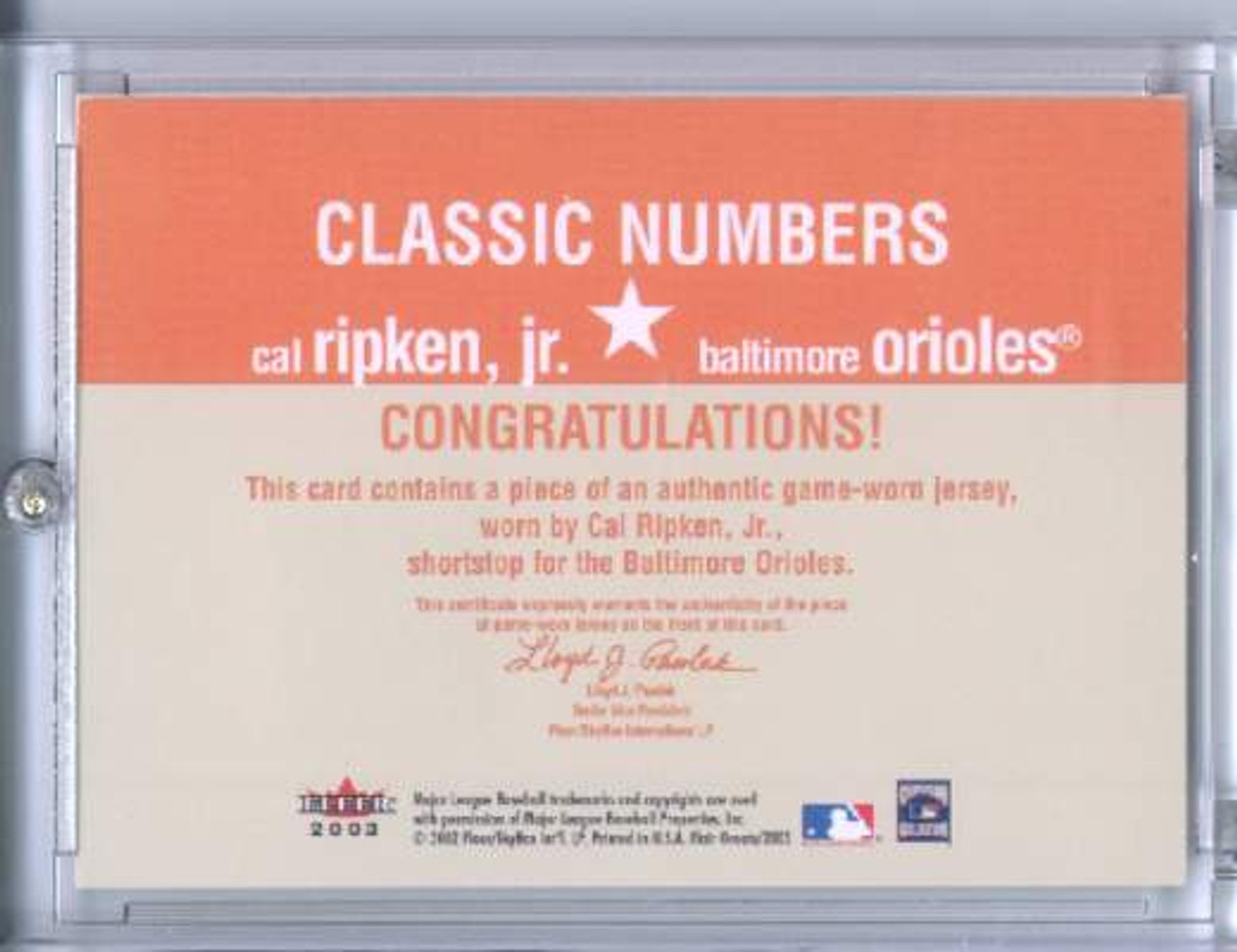 Cal Ripken Jr. 2003 Flair Greats, Classic Numbers Game Used Jersey #CN7