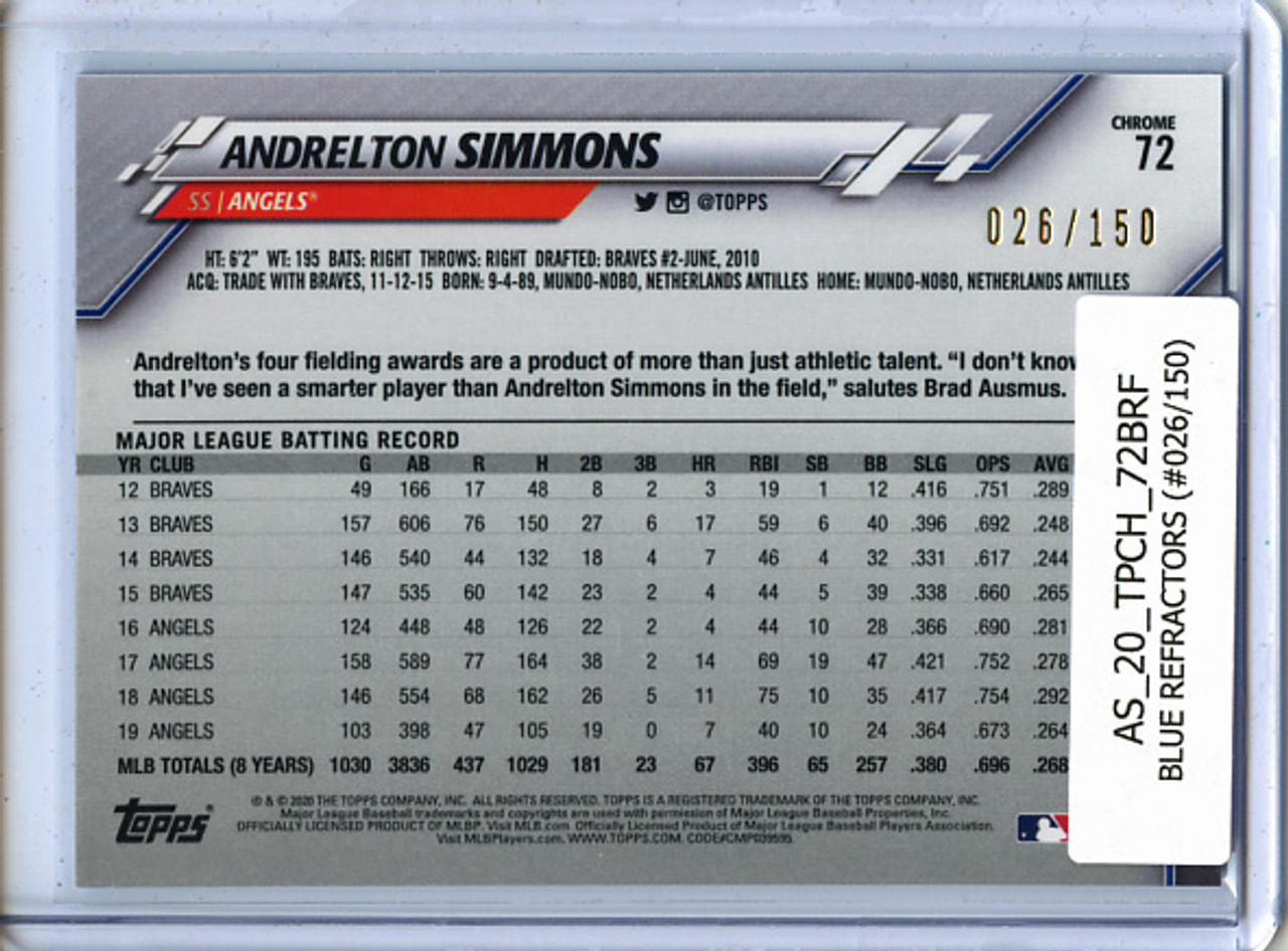 Andrelton Simmons 2020 Topps Chrome #72 Blue Refractors (#026/150)