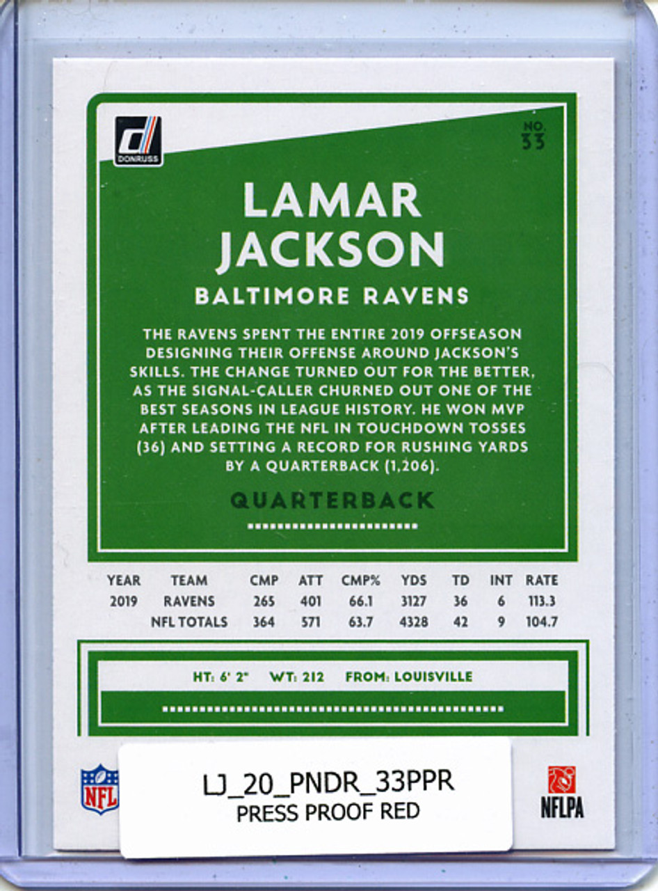 Lamar Jackson 2020 Donruss #33 Press Proof Red