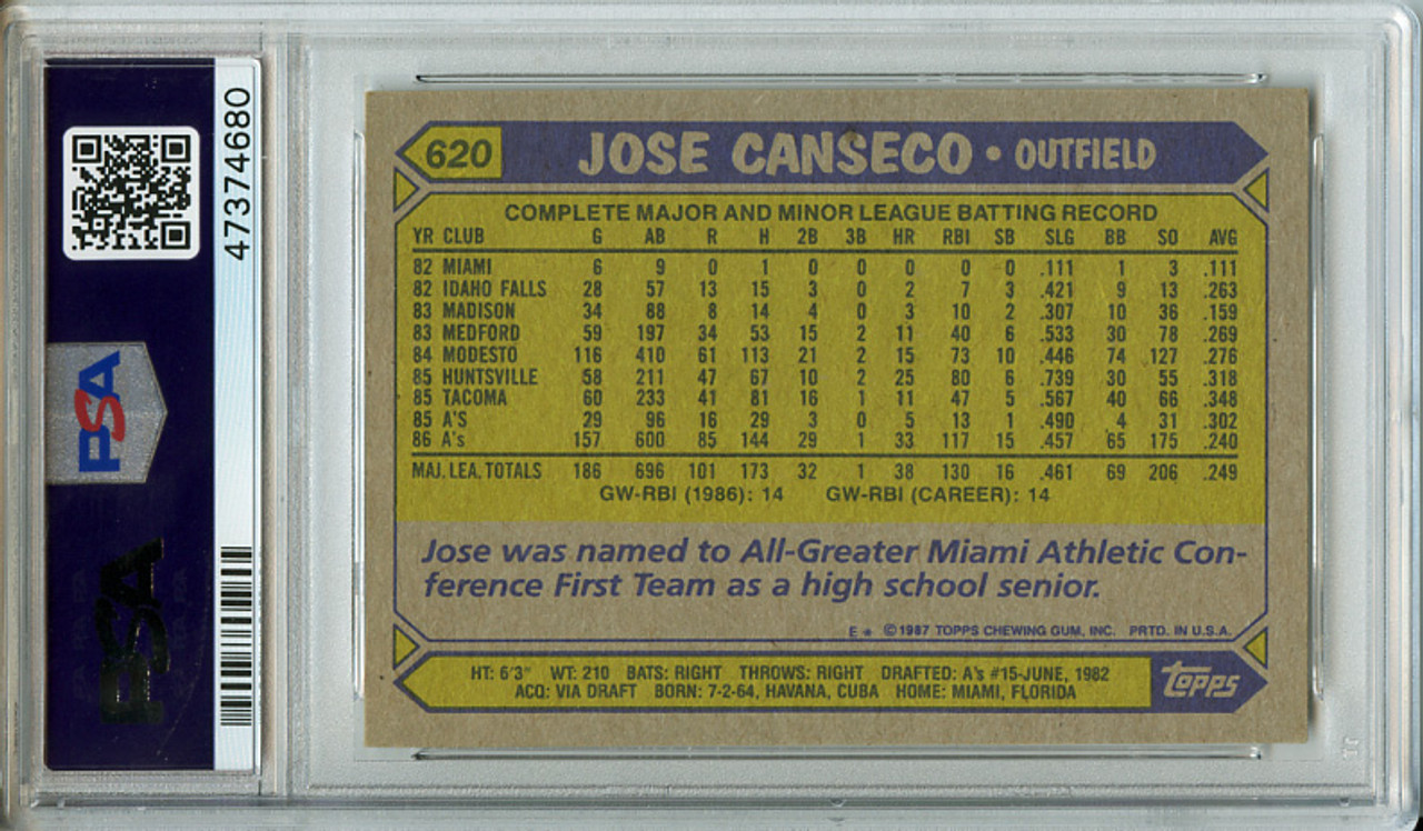 Jose Canseco 1987 Topps #620 PSA 8 Near Mint-Mint (#47374680)