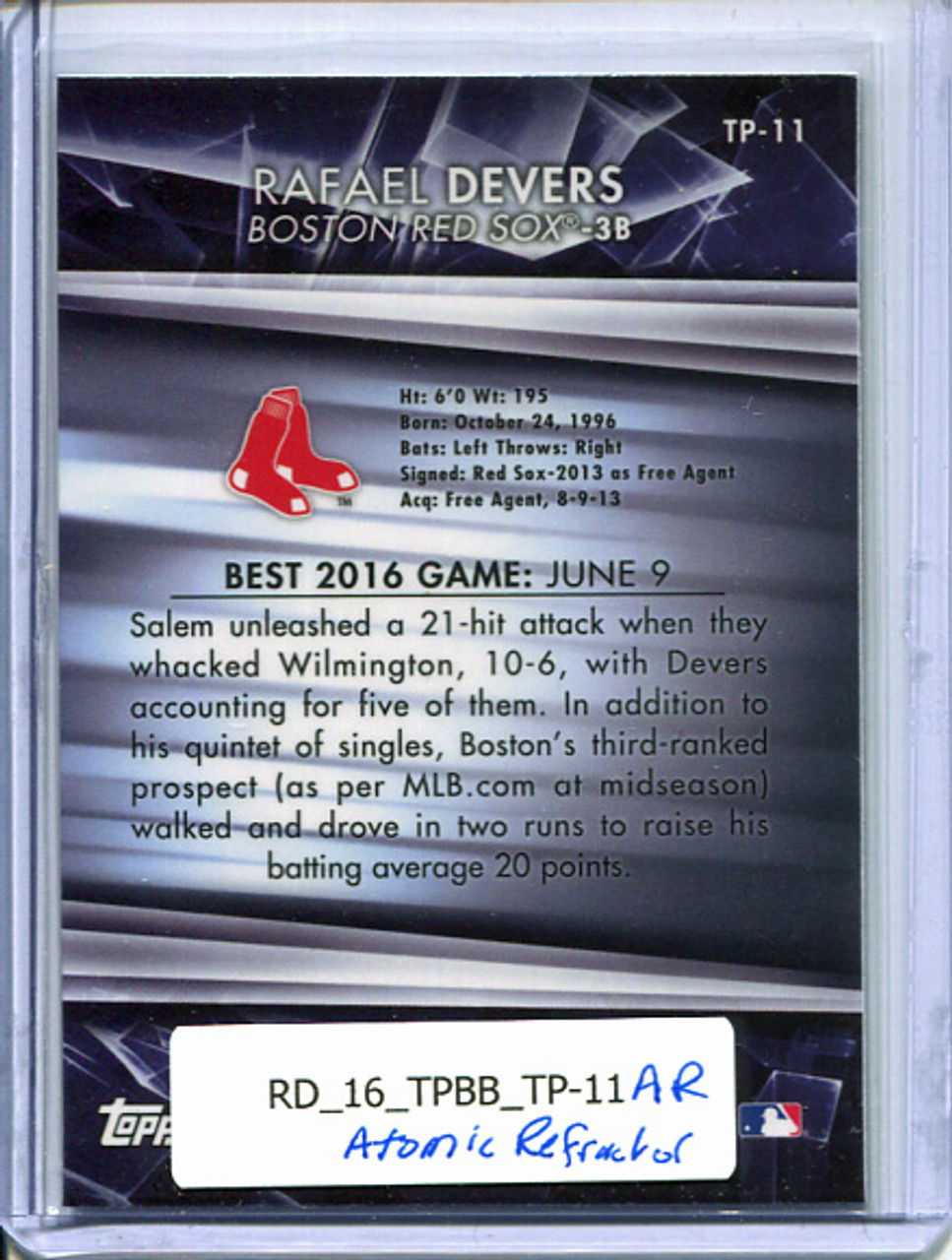 Rafael Devers 2016 Bowman's Best, Top Prospects #TP-11 Atomic Refractors