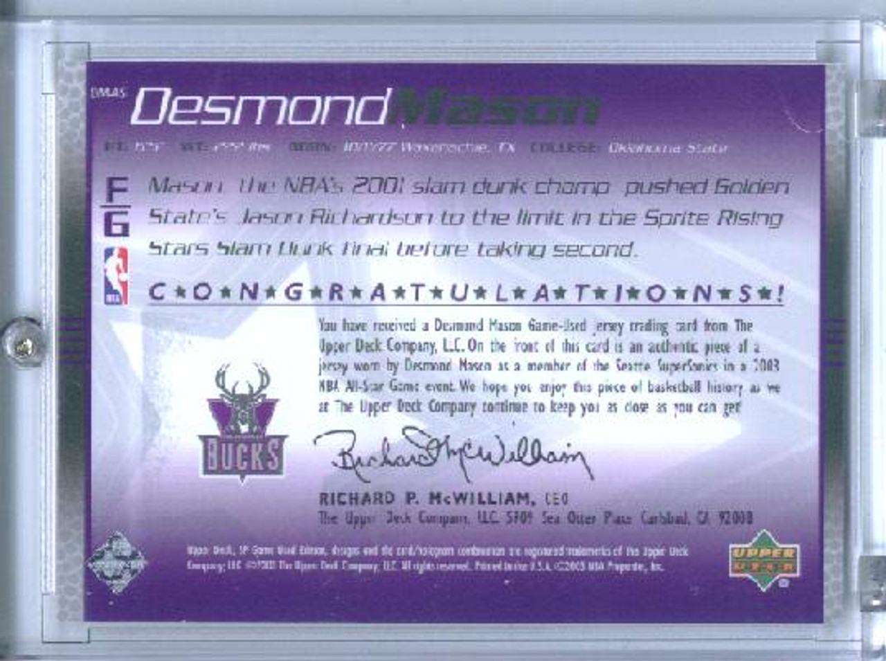 Desmond Mason 2003-04 SP Game Used, All Star Apparel #DM-AS