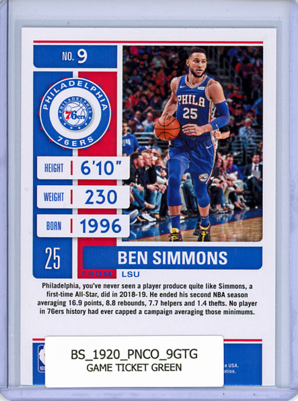 Ben Simmons 2019-20 Contenders #9 Game Ticket Green