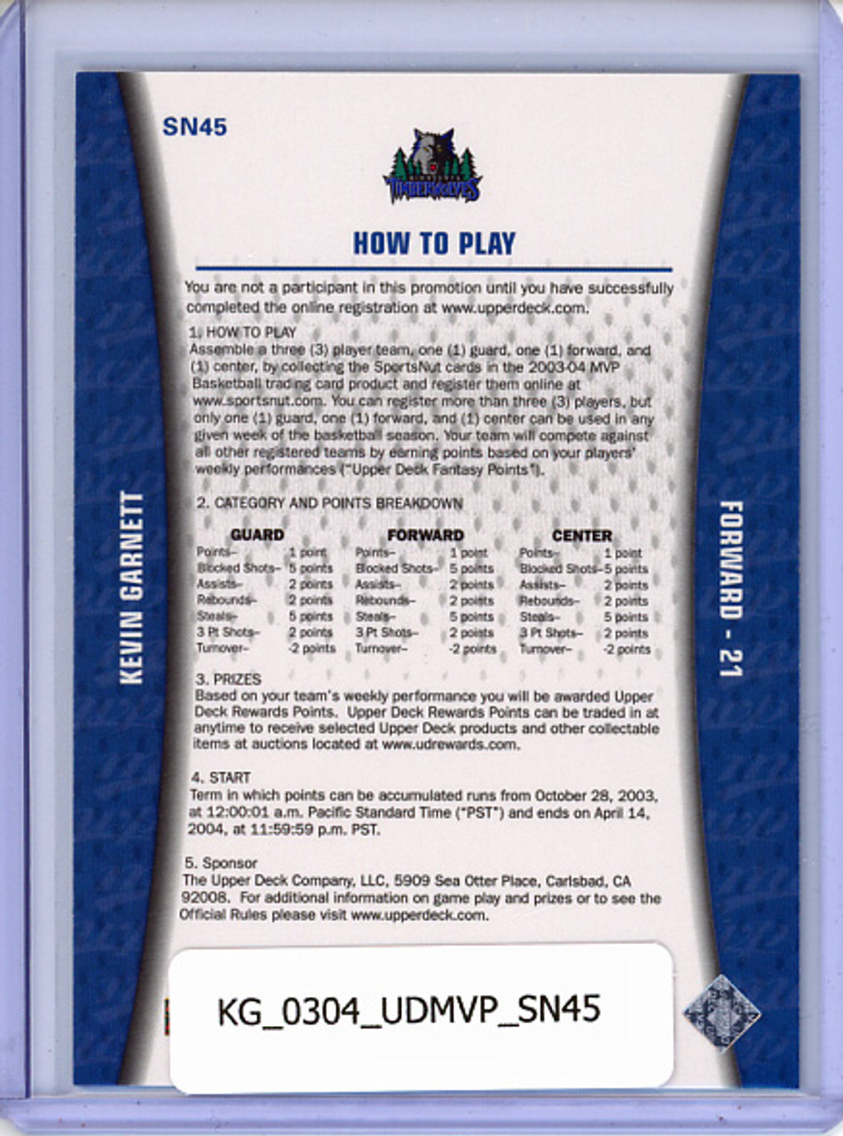 Kevin Garnett 2003-04 MVP, Sportsnut Fantasy #SN45 Unscratched Code