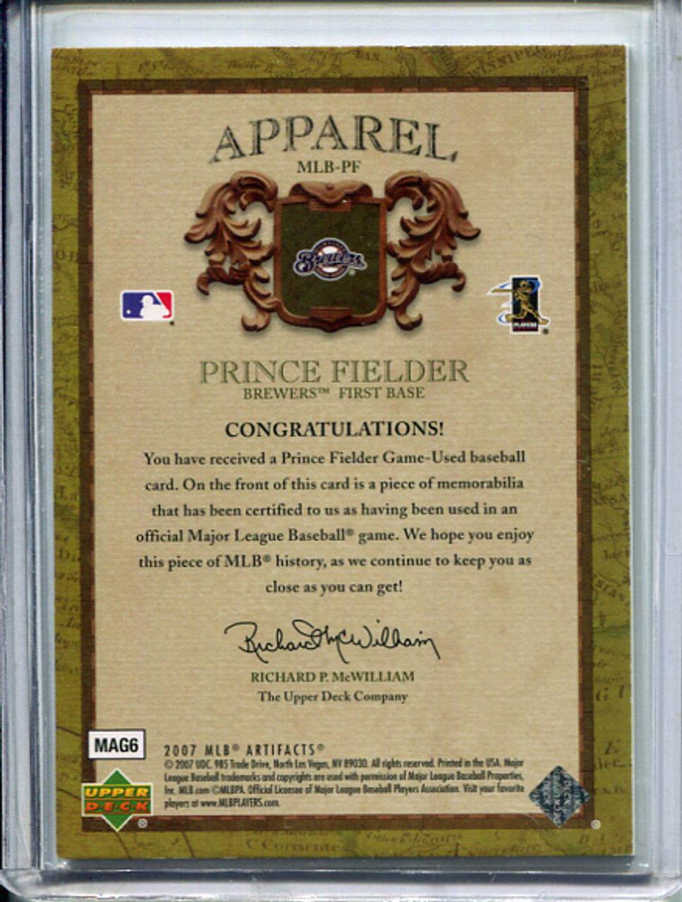 Prince Fielder 2007 Artifacts, MLB Game-Used Apparel #MLB-PF (#077/199)