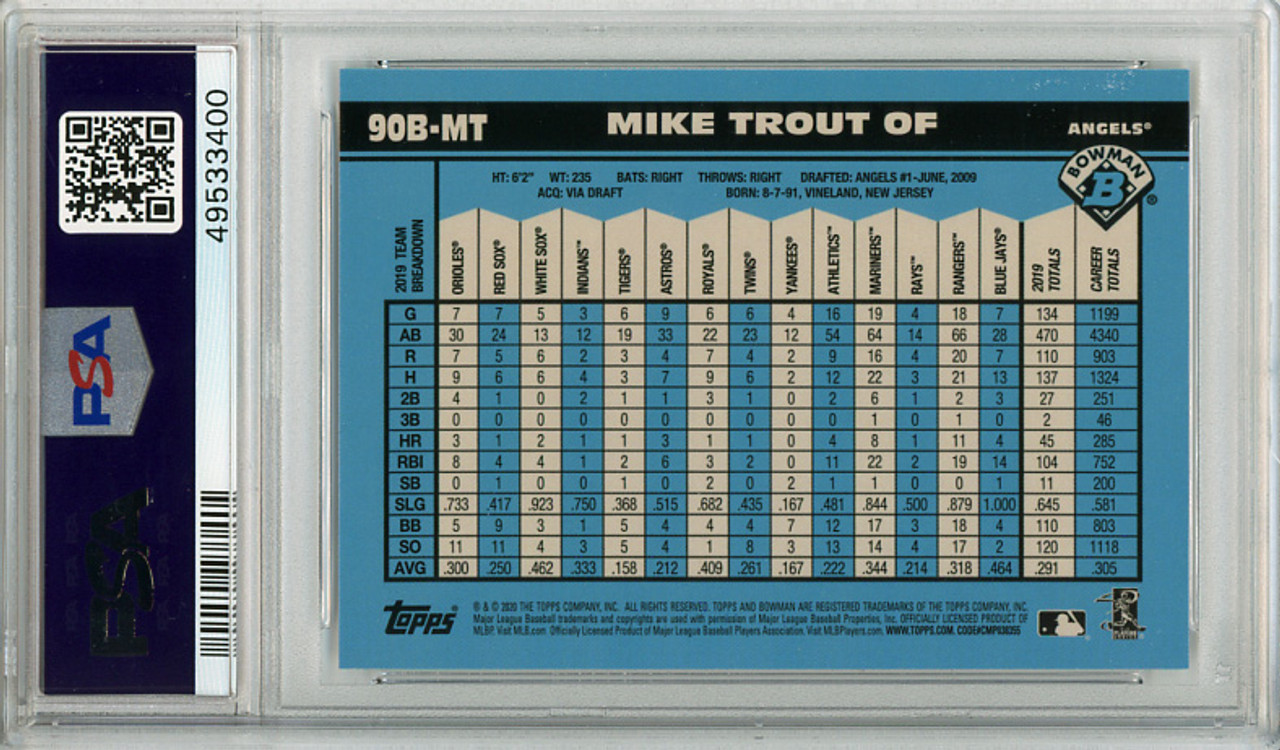 Mike Trout 2020 Bowman Chrome, 1990 Bowman #90B-MT PSA 10 Gem Mint (#49533400)