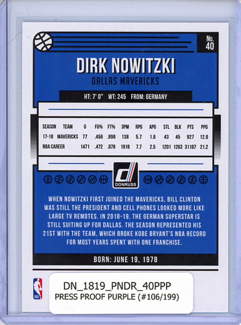 Dirk Nowitzki 2018-19 Donruss #40 Press Proof Purple (#106/199)