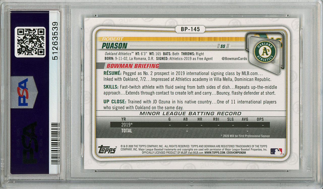 Robert Puason 2020 Bowman Prospects #BP-145 PSA 9 Mint (#51263539)
