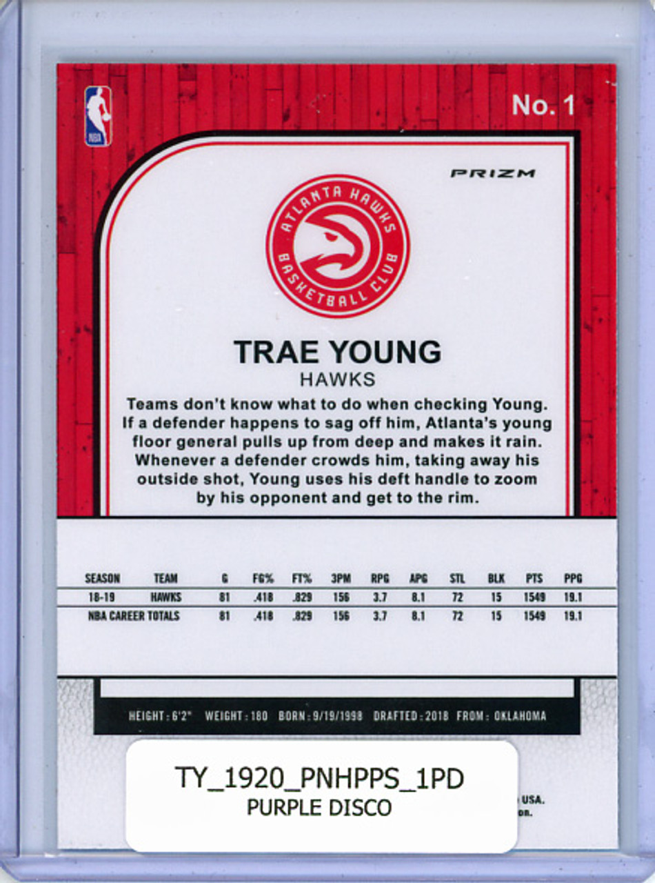 Trae Young 2019-20 Hoops Premium Stock #1 Purple Disco