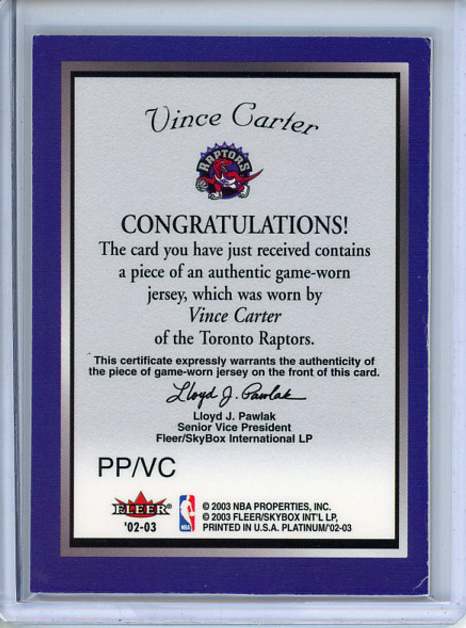 Vince Carter 2002-03 Platinum, Platinum Portraits Game Worn Jerseys #PP/VC (3)