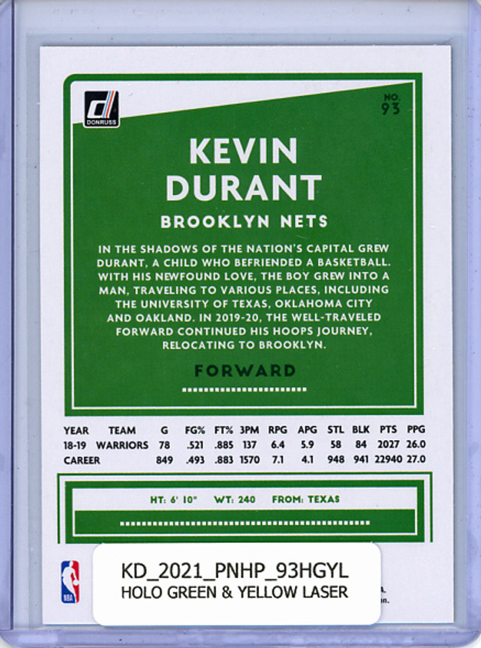 Kevin Durant 2020-21 Donruss #93 Holo Green & Yellow Laser