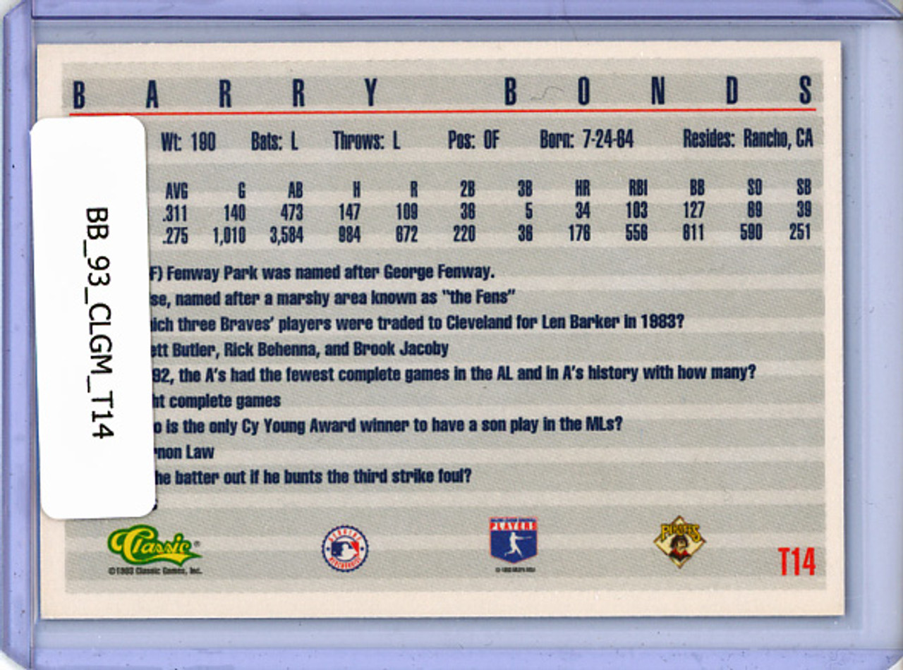 Barry Bonds 1993 Classic Game #T14