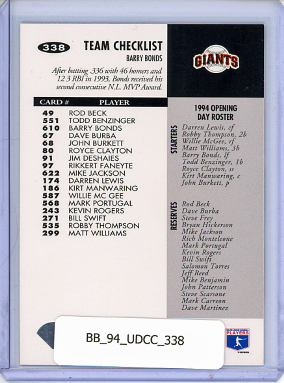 Barry Bonds 1994 Collector's Choice #338 Team Checklist