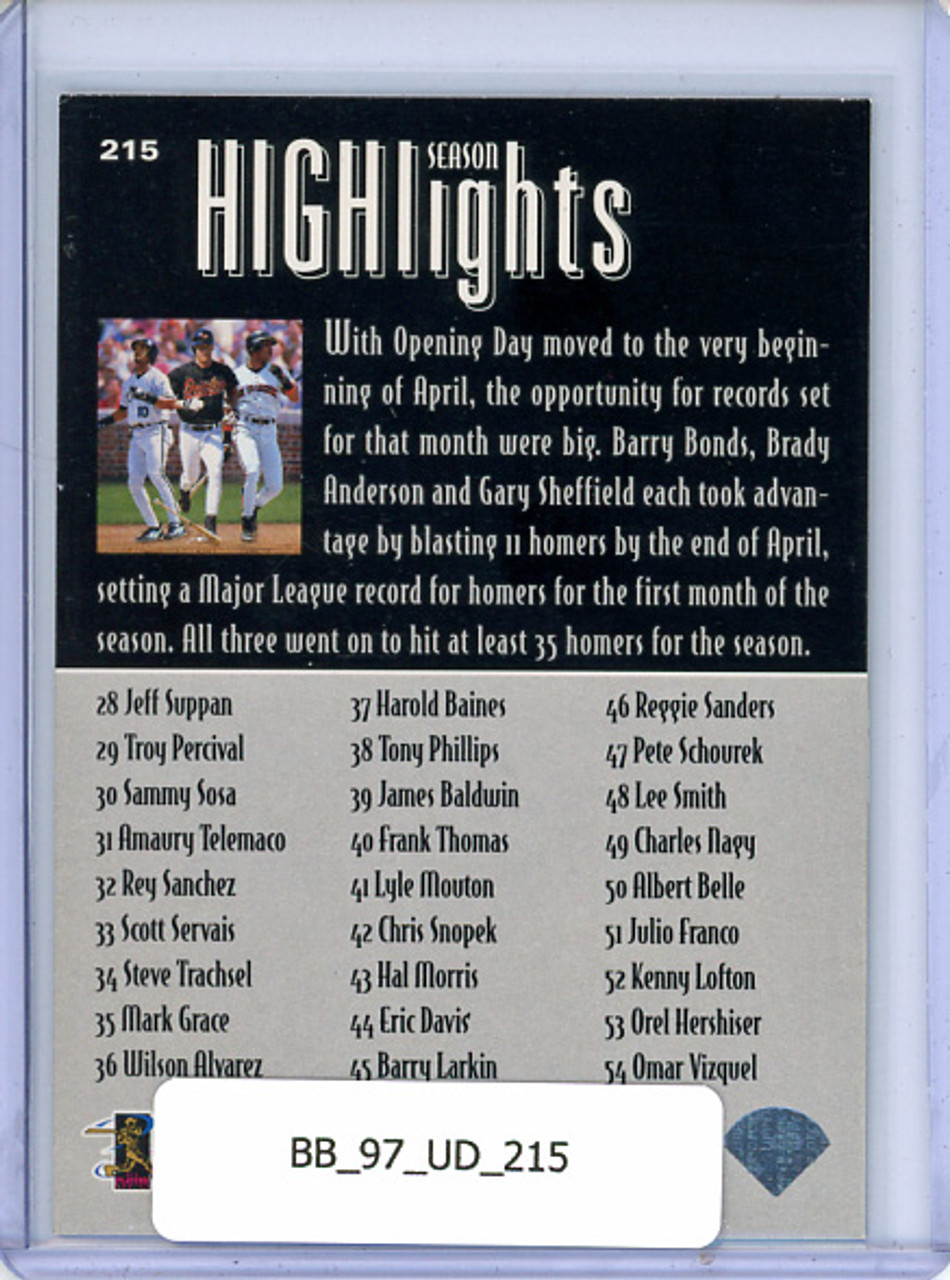 Barry Bonds, Gary Sheffield, Brady Anderson 1997 Upper Deck #215 Season Highlights Checklist
